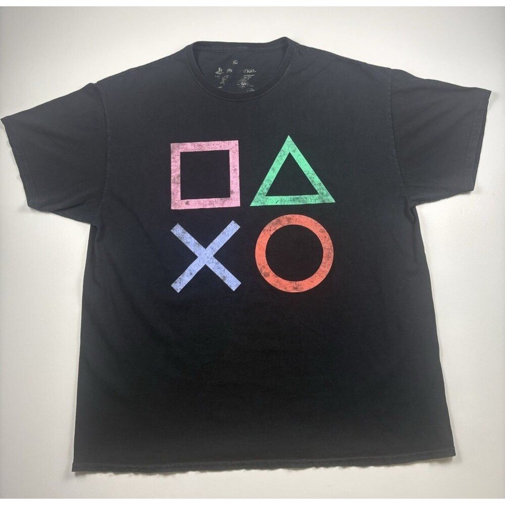PlayStation Mens XL Faded Black Graphic T Shirt Controller Symbols Sony Gaming